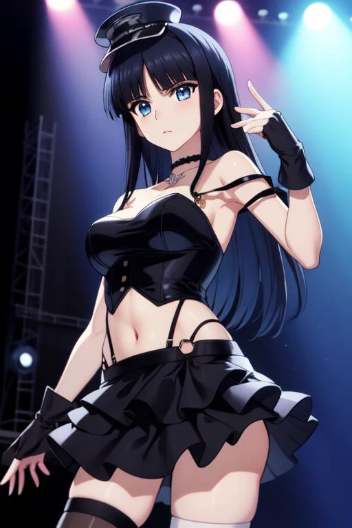 masterpiece, best quality, absurdres, <lora:Touma_Kazusa:0.8> Touma Kazusa, long hair, (black hair, blue eyes), navel, choker, midriff, strap slip, peaked cap, fingerless gloves, (hat, mini top hat, single thighhigh, black skirt, frilled dress:1.2), BREAK 
nice hands, perfect hands, <lora:GoodHands-beta2:0.8>, (beaufitul hand, beautiful finger:1.15), stage, stage lights, sharp focus, (perfect anatomy), cowboy shot, [Cinematic lighting|Volumetric Lighting], looking at viewer