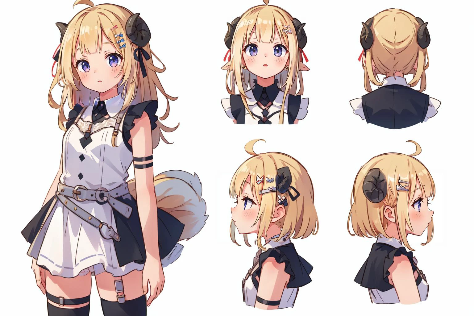(masterpiece, best quality), intricate details,
<lora:CHAR-WatameNF:0.8> WatameNightFever, long hair, ahoge, hairclip, sheep horns, sheep ears, white dress, sleeveless, arm band, thigh strap, black thighhighs
reference sheet, simple background,
<lora:TailsFixer:1> IncrsTailsFixer, fox tail, multiple tails