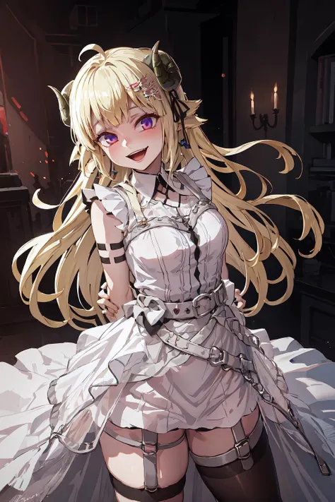 masterpiece, best quality, WatameNightFever, long hair, ahoge, hairclip, sheep horns, sheep ears, white dress, sleeveless, arm band, thigh strap, black thighhighs, <lora:WatameNF:1>, edgGesugao, edgGesugao facial expression, sadistic smile, evil smile, <lora:Expression_Gesugao:1>, (arms behind back),