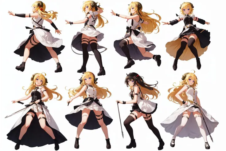 (masterpiece, best quality), intricate details,
<lora:CHAR-WatameNF:0.8> WatameNightFever, long hair, ahoge, hairclip, sheep horns, sheep ears, white dress, sleeveless, arm band, thigh strap, black thighhighs, yellow hair,
reference sheet, simple background,