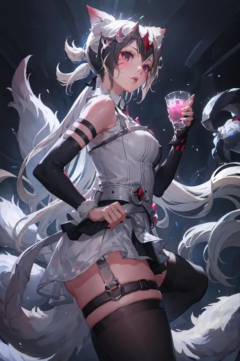 masterpiece, best quality, IncrsAhriChall, facial mark, ponytail, long hair, fox tail, multiple tails, <lora:AhriChallenger:0.75>, WatameNightFever, white dress, sleeveless, arm band, thigh strap, black thighhighs, <lora:WatameNF:1>