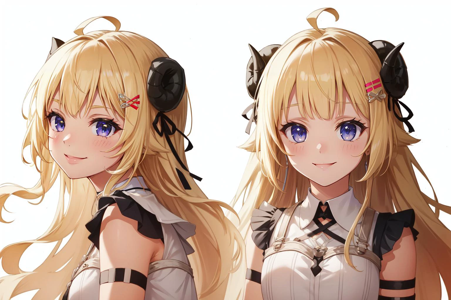 (masterpiece, best quality), intricate details,
<lora:CHAR-WatameNF:0.8> WatameNightFever, long hair, ahoge, hairclip, sheep horns, sheep ears, white dress, sleeveless, arm band, thigh strap, black thighhighs, yellow hair,
reference sheet, simple background,
smug, smirk,