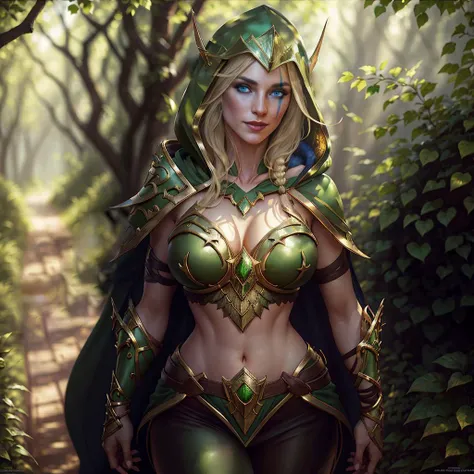 <lora:AlleriaWindrunner:0.5>, <lora:sxz-night-elf-v3:0.5>,
masterpiece, hyper detailed, intricate detail, ultra realistic 8k cg, hyperrealistic, high-resolution, extremely detailed CG unity 8k wallpaper,
1 elvaan,solo,(full body), (((looking at viewer))),dynamic pose,
((messy hair)), blond hair,handsome face,(blue eyes),long eyelashes, pointy ears,perfect female body,narrow waist,big breasts,seductive smile,parted lips,
(green hood),(green cape),((fine metal trim)),brown leather pants,Suture,
(detailed forest background),outdoors, volumetric lighting, photorealistic, cinematic lighting, soft colors, realism, Surrealism, high detail, Hyperrealism, Verism, soft lighting, anatomically correct, best quality, best quality,