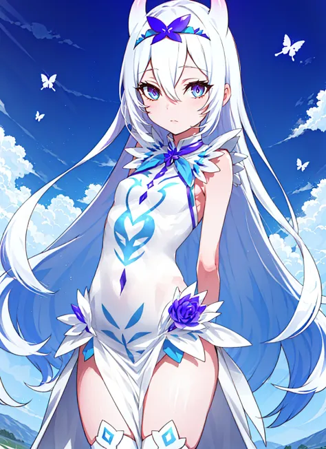aine \(apocalypse witch\) <lora:aine__apocalypse_witch__offset:1>, masterpiece, best quality, 1girl, white thighhighs, arms behind back, blue eyes, blue flower, cowboy shot, bare arms, butterfly hair ornament, closed mouth, dress, groin, hair between eyes, hair ornament, hair horns, very long hair, looking at viewer, pelvic curtain, petals, rose, sleeveless dress, small breasts, solo, very long hair, white dress, white gloves, white hair, outdoors