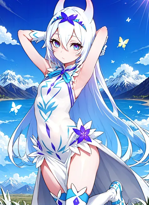 aine \(apocalypse witch\) <lora:aine__apocalypse_witch__offset:1>, masterpiece, best quality, 1girl, white thighhighs, arms behind head, blue eyes, blue flower, cowboy shot, blue footwear, bare arms, butterfly hair ornament, closed mouth, dress, groin, hair between eyes, hair ornament, hair horns, very long hair, looking at viewer, pelvic curtain, sleeveless dress, small breasts, solo, very long hair, white dress, white gloves, white hair, outdoors, grass, scenary, mountains