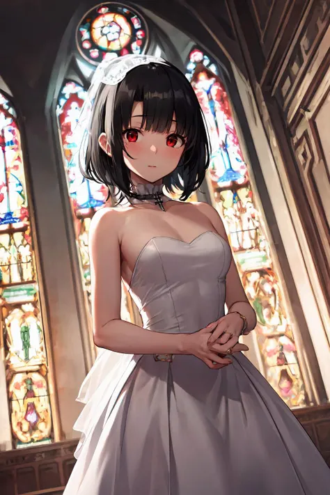 <lora:TakaoKancolle_V10:1>, 1girl, solo, 
takao \(kancolle\), black hair, red eyes, short hair,
wedding dress,  
church,