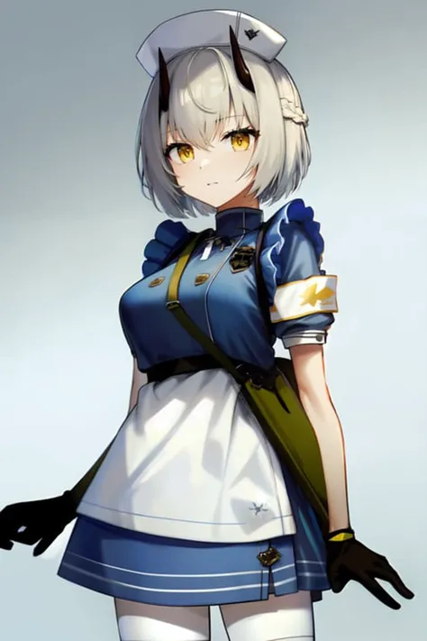 ((masterpiece:1.2, best quality)), himurosena <lora:himuro_sena:1>, yellow eyes, short hair, gloves, blue dress, apron, nurse cap, armband, horns