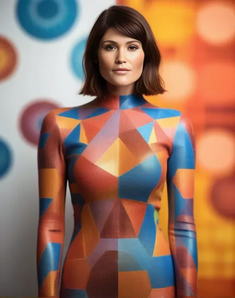 GemmaArterton,<lora:GemmaArtertonSDXL:1>, cinematic photo (full-body:1.85) A futuristic portrait of a beautiful young woman on a simple paper studio background with a strong colourful intricate circular geometrical pattern, geometrical makeup, (highly detailed skin texture:1.6), pores, high contrast . 35mm photograph, film, bokeh, professional, 4k, highly detailed