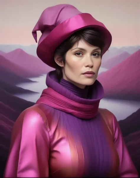 JulianneMoore, portrait,close up of a Avant-Garde flyweight Woman, infused with ethereal color Court jester, wearing Wizard outfit, dense mountains, Hazy conditions, Surprising, Ceramic, Dada Art, Magenta hue, (art by Shigenori Soejima:0.8) , <lora:JulianneMooreSDXL:1>