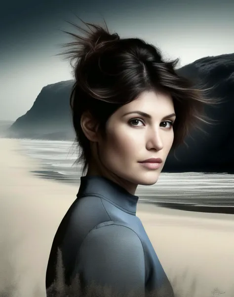 GemmaArterton, art by Peter Holme III, portrait, dense beach,close up of a Stressed Capricious Futuristic Girl, Tailor, at Bristol, [mountains|flora], Westernpunk, Side lighting, Mono Color, <lora:GemmaArtertonSDXL:1>