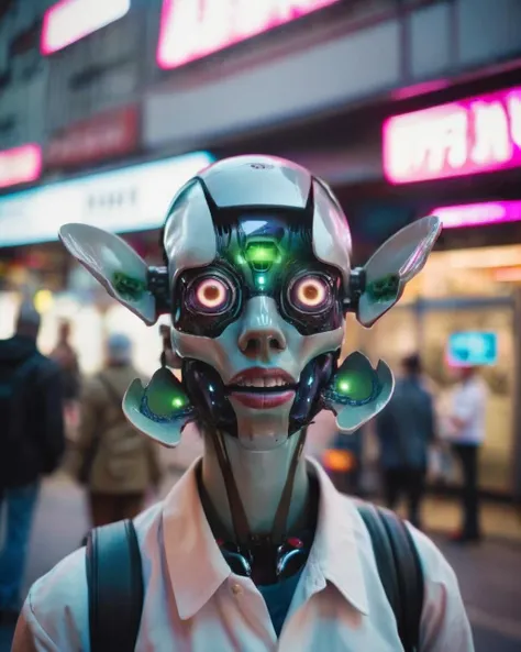 Street Photography, Urban Life, Wide Angle Lens, Everyday Moments , face robotics , cinematic, sci-fi, ((cyberpunk style)) , Electrifying , Virtual utopia , Alien flora , Cosmic energy , by Lilli Carr<lora:Face_Robotics_sdxl:1.0>
