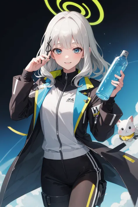 ((((masterpiece)))), ((((best quality)))), detailistic, 1girl, ,solo, <lora:hare:1> hare \(blue archive\) , running suit , smile , detailed eyes , halo , drinking bottle