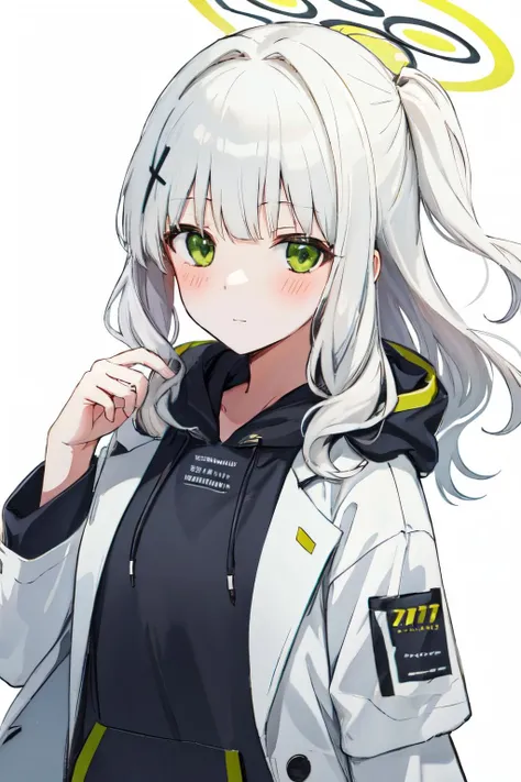<lora:hare:0.8>hare \(blue archive\), blush, white hair, long hair, simple background, green eyes, white background, halo, hoodie, 1girl, upper body,labcoat, solo, looking at viewer
