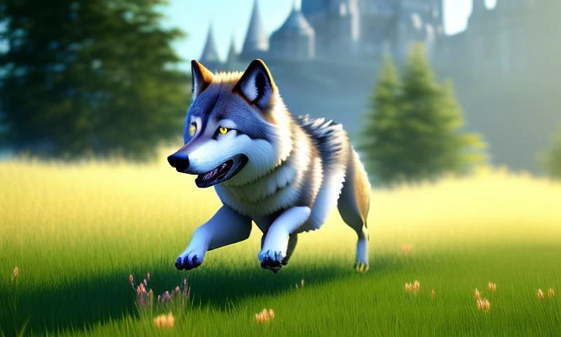 a wolf running in grass field, castle faraway in horizon, cartoona-animals
