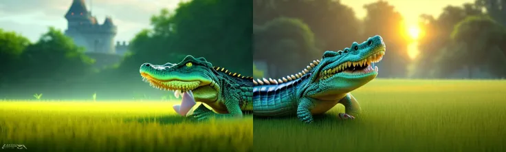 a crocodile running in grass field, castle faraway in horizon, cartoona-animals