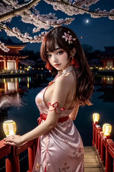 wearing a Cheongsam, colorful trim, shiny silk, floral design, looking at viewer, smirk, happy, medium shot, standing, outside, lake, night torii, high quality, masterpiece, (sakura trees, cherry blossom), (paper lanterns, lunar new year), better_oppai, <lora:PerfectFullBreasts-fCV3.5:1.0>, <lora:more_details:0.8>, <lora:GoodHands-beta2:0.8>, <lora:Tsikyo:.8>