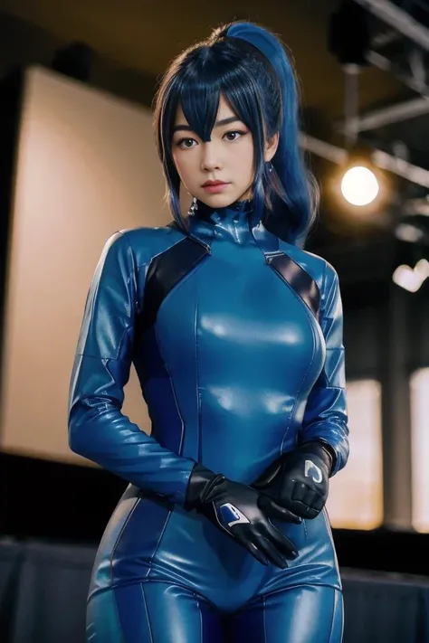 <lora:Tsikyo:1>, ponytail, hair tie, blue gloves, blue bodysuit, high heelswearing a zerosuit, gloves, looking at viewer, serious, blush, medium shot, standing, inside a convention, comic con, crowd, bright lighting, high quality, masterpiece <lora:samus-nvwls-v1:1>, dark theme