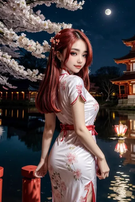 wearing a Cheongsam, colorful trim, shiny silk, floral design, looking at viewer, smirk, happy, medium shot, standing, outside, lake, night torii, high quality, masterpiece, (sakura trees, cherry blossom), (paper lanterns, lunar new year), better_oppai, <lora:PerfectFullBreasts-fCV3.5:1.0>, <lora:more_details:0.8>, <lora:GoodHands-beta2:0.8>, <lora:Tsikyo:.8>