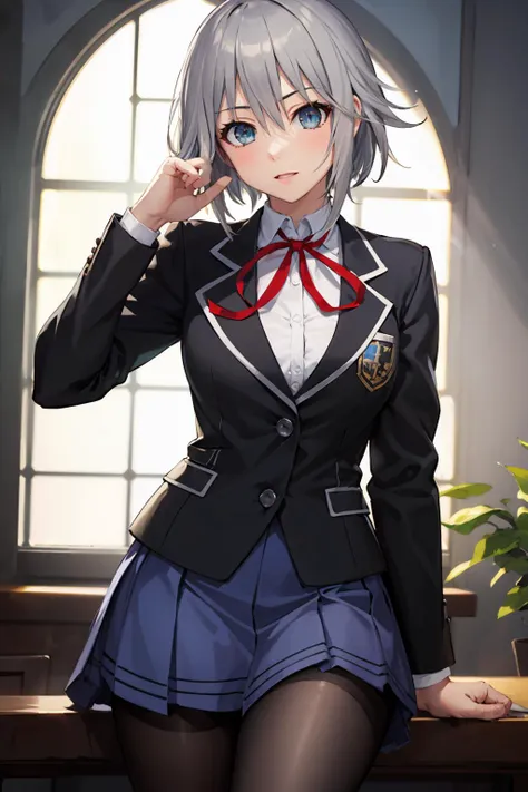 masterpiece,best quality,Highly detailed,High Quality,beautiful,best quality,illustration,extremely detailed,ultra-detailed,8K,perfect lighting,1girl,solo BREAK
<lora:人ç©-约æ-æ¬æ¡äºäº-ä»
è¸ï¼King_Dongï¼>,honjou nia,medium hair,grey hair,silver hair,bangs,hair between eyes,blue eyes,small breasts BREAK
<lora:人ç©-约æ-æ¶å´çä¸(ChameleonAI):0.85>,school uniform,black jacket,blue skirt,neck ribbon,black pantyhose