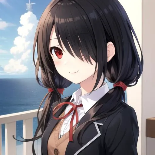 ((masterpiece)),(best quality),official art,extremely detailed CG,unity 8k wallpaper,ultra detailed,A lighthouse on a cliff by the sea,1girl,solo,upper body,(portrait:1.2),looking at viewer,tokisaki kurumi,black hair,black pantyhose,blush,hair over one eye,very long hair,white shirt,smile,black jacket,blue skirt,red eyes,school uniform,low twintails,loafers,red ribbon,<lora:Tokisaki Kurumi(dal)>,<lora:TSNeptunia-000045:0.5>,