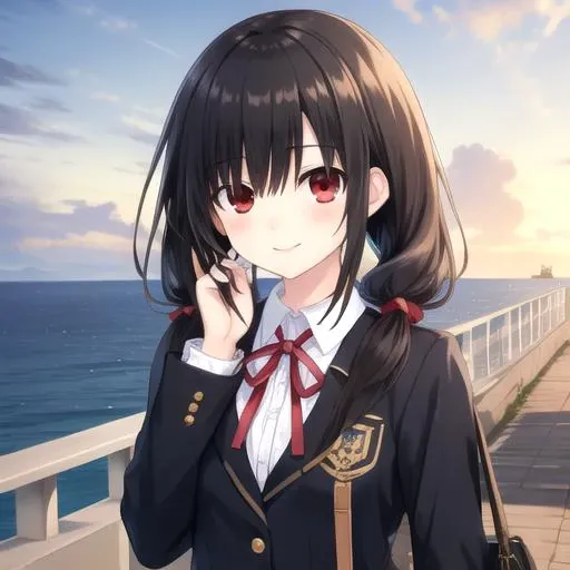 ((masterpiece)),(best quality),official art,extremely detailed CG,unity 8k wallpaper,ultra detailed,A lighthouse on a cliff by the sea,1girl,solo,upper body,(portrait:1.2),looking at viewer,tokisaki kurumi,black hair,black pantyhose,blush,hair over one eye,very long hair,white shirt,smile,black jacket,blue skirt,red eyes,school uniform,low twintails,loafers,red ribbon,<lora:Tokisaki Kurumi(dal)>,<lora:TSNeptunia-000045:0.5>,