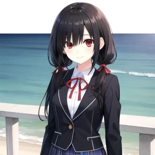 ((masterpiece)),(best quality),official art,extremely detailed CG,unity 8k wallpaper,ultra detailed,A lighthouse on a cliff by the sea,1girl,solo,upper body,(portrait:1.2),looking at viewer,tokisaki kurumi,black hair,black pantyhose,blush,hair over one eye,very long hair,white shirt,smile,black jacket,blue skirt,red eyes,school uniform,low twintails,loafers,red ribbon,<lora:Tokisaki Kurumi(dal)>,<lora:TSNeptunia-000045:0.5>,