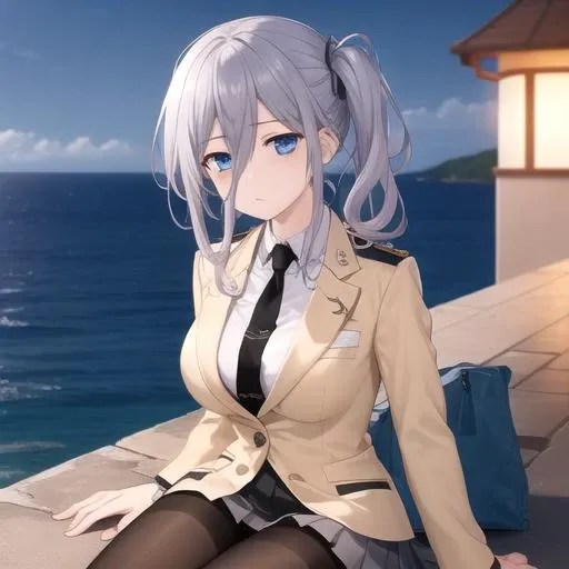 ((masterpiece)),(best quality),official art,extremely detailed CG,unity 8k wallpaper,ultra detailed,A lighthouse on a cliff by the sea,1girl,solo,upper body,looking at viewer,murasame reine,grey hair,blue eyes,side ponytail,black skirt,white shirt,sleepy,deadpan,long hair,large breasts,beige jacket,military uniform,black necktie,hair between eyes,bags under eyes,black pantyhose,high heels,<lora:Murasame Reine(dal)>,<lora:Murasame Reine(dal):0.5>,