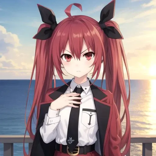 ((masterpiece)),(best quality),official art,extremely detailed CG,unity 8k wallpaper,ultra detailed,A lighthouse on a cliff by the sea,1girl,solo,upper body,(portrait:1.2),looking at viewer,ahoge,black bow,dress shirt,white shirt,eyebrows visible through hair,hair between eyes,jacket on shoulders,black necktie,red eyes,red hair,red skirt,thigh boots,twintails,long hair,black belt,long sleeves,breast pocket,red jacket,serious,<lora:Itsuka Kotori(dal)>,<lora:TSNeptunia-000045:0.5>,