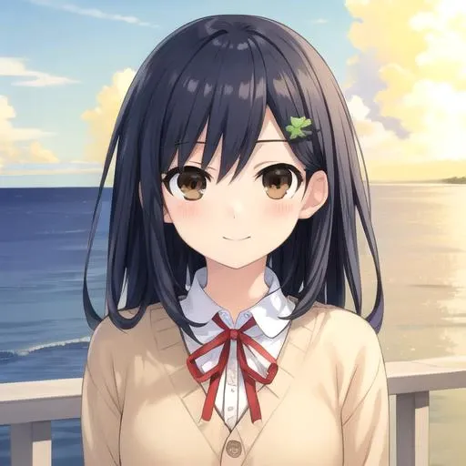 ((masterpiece)),(best quality),official art,extremely detailed CG,unity 8k wallpaper,ultra detailed,A lighthouse on a cliff by the sea,1girl,solo,upper body,(portrait:1.2),looking at viewer,itsuka shiori,school uniform,blue hair,long hair,smile,hair ornament,blue skirt,brown eyes,beige cardigan,pleated skirt,hairclip,blush,white shirt,red ribbon,<lora:Itsuka Shiori(dal)>,<lora:TSNeptunia-000045:0.5>,