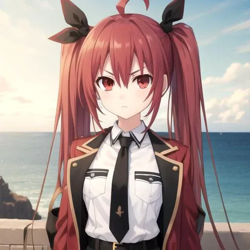 ((masterpiece)),(best quality),official art,extremely detailed CG,unity 8k wallpaper,ultra detailed,A lighthouse on a cliff by the sea,1girl,solo,upper body,(portrait:1.2),looking at viewer,ahoge,black bow,dress shirt,white shirt,eyebrows visible through hair,hair between eyes,jacket on shoulders,black necktie,red eyes,red hair,red skirt,thigh boots,twintails,long hair,black belt,long sleeves,breast pocket,red jacket,serious,<lora:Itsuka Kotori(dal)>,<lora:TSNeptunia-000045:0.5>,