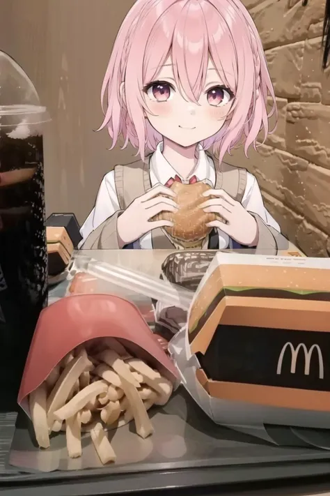 ((masterpiece)),(best quality),official art,extremely detailed CG,unity 8k wallpaper,ultra detailed,<lora:äººç©-çº¦æ-å­ç¥åç¥¢ï¼King_Dongï¼:1>,1girl,solo,sonogami rinne,hair between eyes,pink hair,pink eyes,medium hair,braid,white shirt,blue skirt,pleated skirt,red ribbon,collared shirt,beige vest,school uniform,white socks,upper body,looking at viewer,blush,smile,loafers,<lora:McDate_with_2D_Waifu:0.9>,McDate_with_2D_Waifu