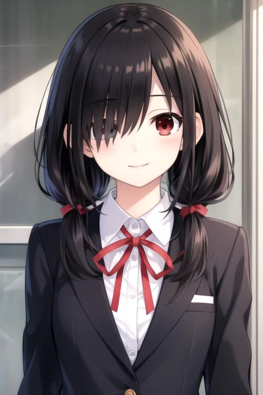 ((masterpiece)),(best quality),official art,extremely delicate and beautiful,extremely detailed CG,unity 8k wallpaper,ultra detailed,beautiful detailed eyes,extremely detailed face,outdoors,1girl,solo,upper body,(portrait:1.5),looking at viewer,facing viewer,smile,tokisaki kurumi,very long hair,black hair,low twintails,red ribbon,hair over one eye,bangs,red eyes,school uniform,black jacket,white shirt,collared shirt,medium breasts,long sleeves,pleated skirt,miniskirt,blue skirt,black pantyhose,loafers,<lora:Tokisaki Kurumi(dal)>,<lora:TSNeptunia-000045:0.5>,