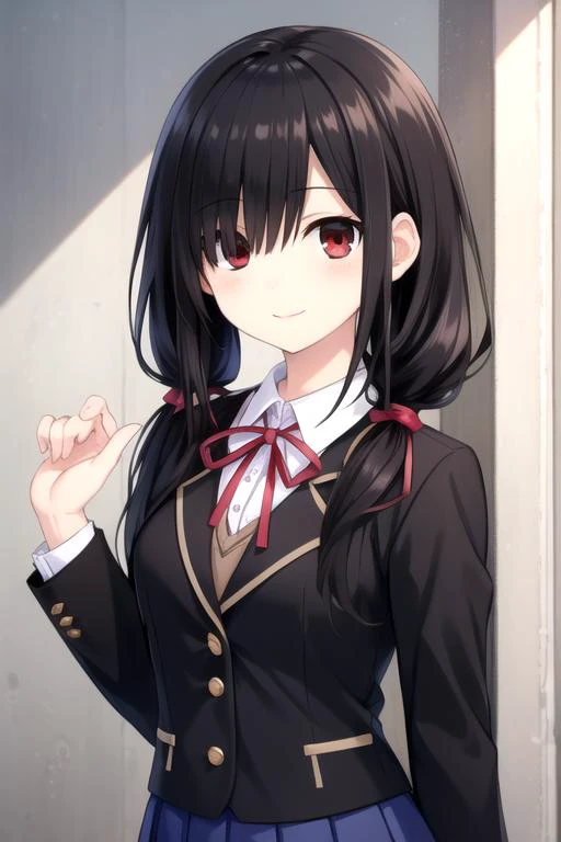 ((masterpiece)),(best quality),official art,extremely delicate and beautiful,extremely detailed CG,unity 8k wallpaper,ultra detailed,beautiful detailed eyes,extremely detailed face,outdoors,1girl,solo,upper body,(portrait:1.5),looking at viewer,facing viewer,smile,tokisaki kurumi,very long hair,black hair,low twintails,red ribbon,hair over one eye,bangs,red eyes,school uniform,black jacket,white shirt,collared shirt,medium breasts,long sleeves,pleated skirt,miniskirt,blue skirt,black pantyhose,loafers,<lora:Tokisaki Kurumi(dal)>,<lora:TSNeptunia-000045:0.5>,