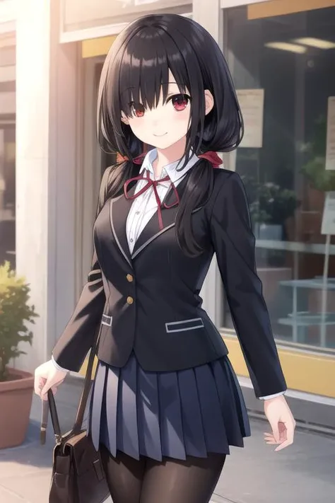 ((masterpiece)),(best quality),official art,extremely delicate and beautiful,extremely detailed CG,unity 8k wallpaper,ultra detailed,beautiful detailed eyes,extremely detailed face,outdoors,1girl,solo,cowboy shot,looking at viewer,facing viewer,smile,tokisaki kurumi,very long hair,black hair,low twintails,red ribbon,hair over one eye,bangs,red eyes,school uniform,black jacket,white shirt,collared shirt,medium breasts,long sleeves,pleated skirt,miniskirt,blue skirt,black pantyhose,loafers,<lora:Tokisaki Kurumi(dal)>,<lora:TSNeptunia-000045:0.5>,