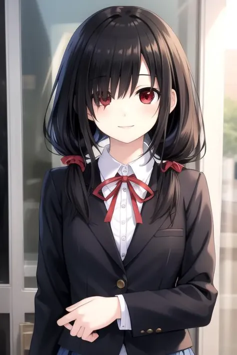 ((masterpiece)),(best quality),official art,extremely delicate and beautiful,extremely detailed CG,unity 8k wallpaper,ultra detailed,beautiful detailed eyes,extremely detailed face,outdoors,1girl,solo,upper body,(portrait:1.5),looking at viewer,facing viewer,smile,tokisaki kurumi,very long hair,black hair,low twintails,red ribbon,hair over one eye,bangs,red eyes,school uniform,black jacket,white shirt,collared shirt,medium breasts,long sleeves,pleated skirt,miniskirt,blue skirt,black pantyhose,loafers,<lora:Tokisaki Kurumi(dal)>,<lora:TSNeptunia-000045:0.5>,