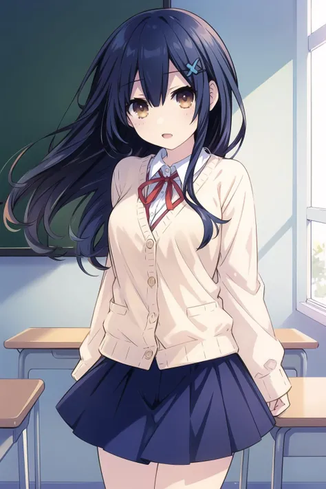 Highly detailed,High Quality,Masterpiece,beautiful,masterpiece,best quality,illustration,1girl,solo,
<lora:人ç©-约æ-äºæ²³å£«ç»ï¼King_Dongï¼:0.9>,itsuka shiori,blue hair,long hair,hair ornament,hairclip,brown eyes,
school uniform,red ribbon,beige cardigan,white shirt,pleated skirt,blue skirt,standing,classroom
