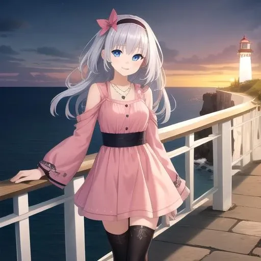 ((masterpiece)),(best quality),official art,extremely detailed CG,unity 8k wallpaper,ultra detailed,A lighthouse on a cliff by the sea,1girl,solo,cowboy shot,looking at viewer,arusu maria,pink dress,necklace,black thighhighs,blue eyes,hairband,long hair,silver hair,smile,<lora:Arusu Maria(dal)>,