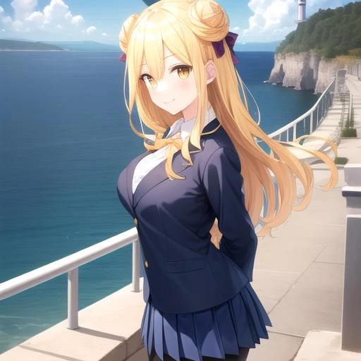((masterpiece)),(best quality),official art,extremely detailed CG,unity 8k wallpaper,ultra detailed,A lighthouse on a cliff by the sea,1girl,solo,cowboy shot,looking at viewer,hoshimiya mukuro,very long hair,hair bun,double bun,arms behind back,blonde hair,braid,hair bow,hair ribbon,large breasts,school uniform,smile,striped pantyhose,yellow eyes,pleated skirt,blue skirt,black jacket,white shirt,brown loafers,<lora:Hoshimiya Mukuro(dal)>,