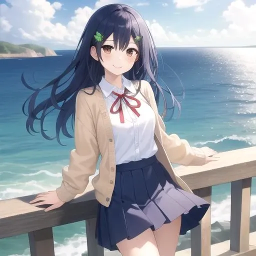((masterpiece)),(best quality),official art,extremely detailed CG,unity 8k wallpaper,ultra detailed,A lighthouse on a cliff by the sea,1girl,solo,cowboy shot,itsuka shiori,school uniform,blue hair,long hair,smile,hair ornament,blue skirt,brown eyes,beige cardigan,pleated skirt,hairclip,blush,white shirt,red ribbon,white socks,loafers,<lora:Itsuka Shiori(dal)>,