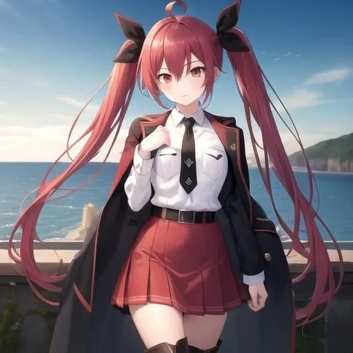 ((masterpiece)),(best quality),official art,extremely detailed CG,unity 8k wallpaper,ultra detailed,A lighthouse on a cliff by the sea,1girl,solo,cowboy shot,looking at viewer,ahoge,black bow,dress shirt,white shirt,eyebrows visible through hair,hair between eyes,jacket on shoulders,black necktie,red eyes,red hair,red skirt,thigh boots,twintails,long hair,black belt,long sleeves,black boots,breast pocket,red jacket,serious,<lora:Itsuka Kotori(dal)>,