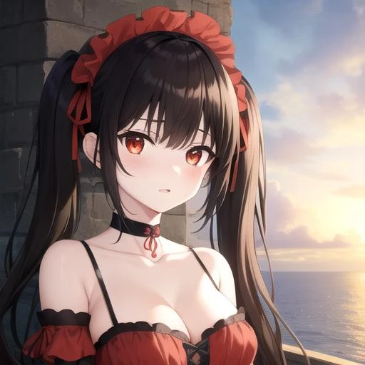 ((masterpiece)),(best quality),official art,extremely detailed CG,unity 8k wallpaper,ultra detailed,A lighthouse on a cliff by the sea,1girl,solo,upper body,(portrait:1.2),looking at viewer,tokisaki kurumi,black hair,bare shoulders,asymmetrical hair,red ribbon,black choker,black footwear,high heels,high twintails,very long hair,collarbone,layered dress,cross-laced footwear,frilled dress,cleavage,frills,detached sleeves,mismatched pupils,red bow,red eyes,yellow eyes,two-tone hairband,medium breasts,red dress,two-tone dress,<lora:Tokisaki Kurumi(dal)>,