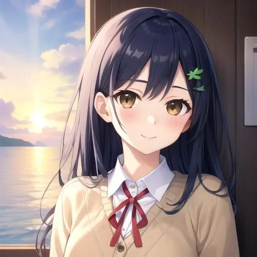 ((masterpiece)),(best quality),official art,extremely detailed CG,unity 8k wallpaper,ultra detailed,A lighthouse on a cliff by the sea,1girl,solo,upper body,(portrait:1.2),itsuka shiori,school uniform,blue hair,long hair,smile,hair ornament,blue skirt,brown eyes,beige cardigan,pleated skirt,hairclip,blush,white shirt,red ribbon,school emblem,<lora:Itsuka Shiori(dal)>,