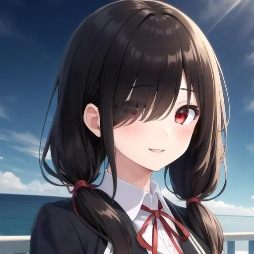 ((masterpiece)),(best quality),official art,extremely detailed CG,unity 8k wallpaper,ultra detailed,A lighthouse on a cliff by the sea,1girl,solo,upper body,(portrait:1.2),looking at viewer,tokisaki kurumi,black hair,black pantyhose,blush,hair over one eye,very long hair,white shirt,smile,black jacket,blue skirt,red eyes,school uniform,low twintails,loafers,red ribbon,<lora:Tokisaki Kurumi(dal)>,
