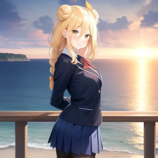 ((masterpiece)),(best quality),official art,extremely detailed CG,unity 8k wallpaper,ultra detailed,A lighthouse on a cliff by the sea,1girl,solo,cowboy shot,looking at viewer,hoshimiya mukuro,very long hair,hair bun,double bun,arms behind back,blonde hair,braid,hair bow,hair ribbon,large breasts,school uniform,smile,striped pantyhose,yellow eyes,pleated skirt,blue skirt,black jacket,white shirt,brown loafers,<lora:Hoshimiya Mukuro(dal)>,