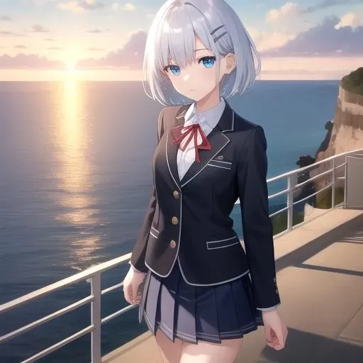 ((masterpiece)),(best quality),official art,extremely detailed CG,unity 8k wallpaper,ultra detailed,A lighthouse on a cliff by the sea,1girl,solo,cowboy shot,looking at viewer,tobiichi origami,aqua hair,white shirt,black jacket,blue eyes,deadpan,pleated skirt,school uniform,short hair,blue skirt,hairclip,red ribbon,white socks,loafers,<lora:Tobiichi Origami(dal)>,