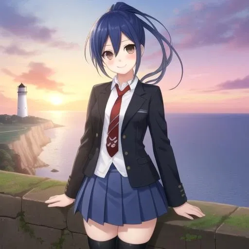 ((masterpiece)),(best quality),official art,extremely detailed CG,unity 8k wallpaper,ultra detailed,A lighthouse on a cliff by the sea,1girl,solo,cowboy shot,looking at viewer,takamiya mana,blue hair,blush,hair between eyes,high ponytail,long ponytail,very long hair,smile,brown eyes,pleated skirt,black jacket,white shirt,red necktie,school uniform,blue skirt,loafers,zettai ryouiki,black socks,<lora:Takamiya Mana(dal)>,