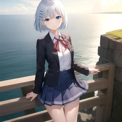 ((masterpiece)),(best quality),official art,extremely detailed CG,unity 8k wallpaper,ultra detailed,A lighthouse on a cliff by the sea,1girl,solo,cowboy shot,looking at viewer,tobiichi origami,aqua hair,white shirt,black jacket,blue eyes,deadpan,pleated skirt,school uniform,short hair,blue skirt,hairclip,red ribbon,white socks,loafers,<lora:Tobiichi Origami(dal)>,