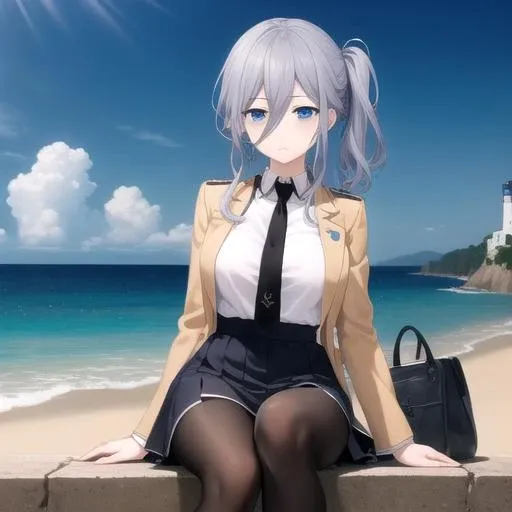 ((masterpiece)),(best quality),official art,extremely detailed CG,unity 8k wallpaper,ultra detailed,A lighthouse on a cliff by the sea,1girl,solo,cowboy shot,looking at viewer,murasame reine,grey hair,blue eyes,side ponytail,black skirt,white shirt,sleepy,deadpan,long hair,large breasts,beige jacket,military uniform,black necktie,hair between eyes,bags under eyes,black pantyhose,high heels,<lora:Murasame Reine(dal)>,