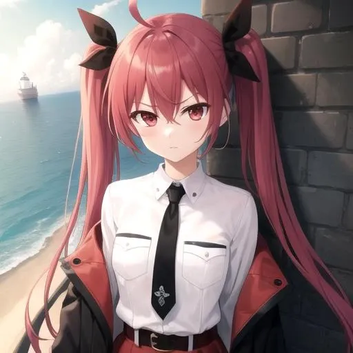 ((masterpiece)),(best quality),official art,extremely detailed CG,unity 8k wallpaper,ultra detailed,A lighthouse on a cliff by the sea,1girl,solo,upper body,(portrait:1.2),looking at viewer,ahoge,black bow,dress shirt,white shirt,eyebrows visible through hair,hair between eyes,jacket on shoulders,black necktie,red eyes,red hair,red skirt,thigh boots,twintails,long hair,black belt,long sleeves,breast pocket,red jacket,serious,<lora:Itsuka Kotori(dal)>,