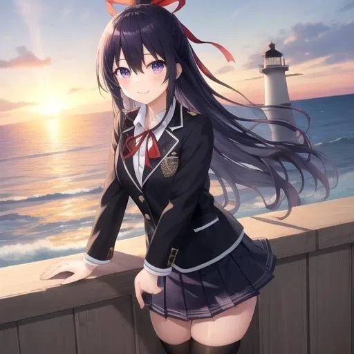 ((masterpiece)),(best quality),official art,extremely detailed CG,unity 8k wallpaper,ultra detailed,A lighthouse on a cliff by the sea,1girl,solo,cowboy shot,looking at viewer,blush,hair between eyes,hair ribbon,smile,very long hair,black thighhighs,black jacket,white shirt,pleated skirt,ponytail,purple hair,red ribbon,school uniform,skirt,violet eyes,zettai ryouiki,loafers,<lora:Yatogami Tohka(dal)>,